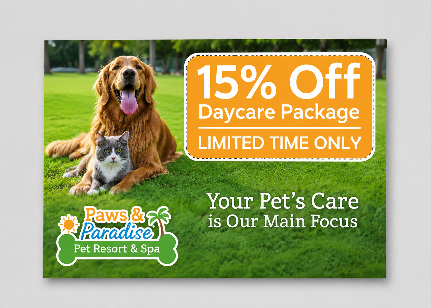 Custom promotional postcard for Paws & Paradise Pet Resort and Spa displayed on a light gray background as an example of postcard printing in Boise.