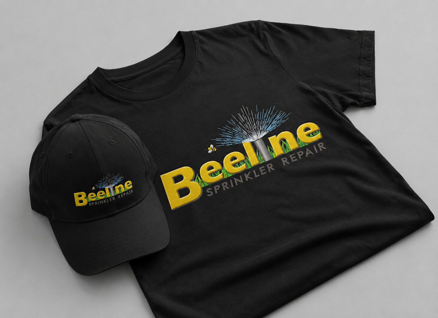 Black t-shirt and hat with Beeline Sprinkler Repair logo for custom apparel and branded hat printing in Boise.