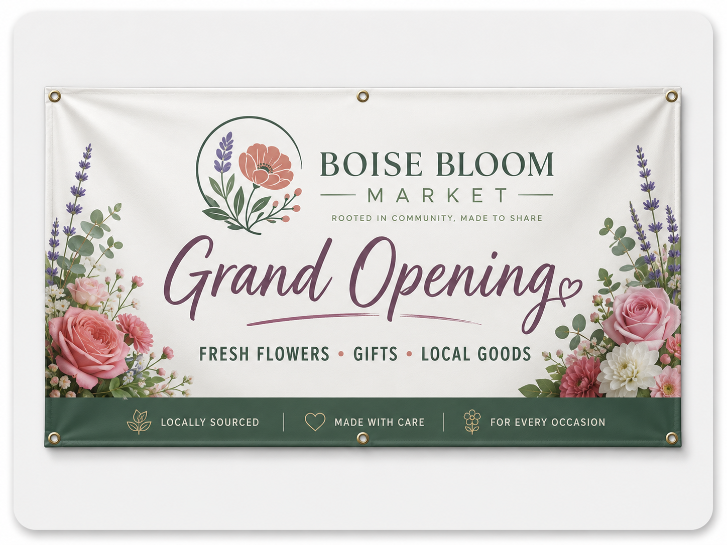 Custom vinyl grand opening banner for Boise Bloom Market displayed on a light gray background, showing an example of business banner printing in Boise.
