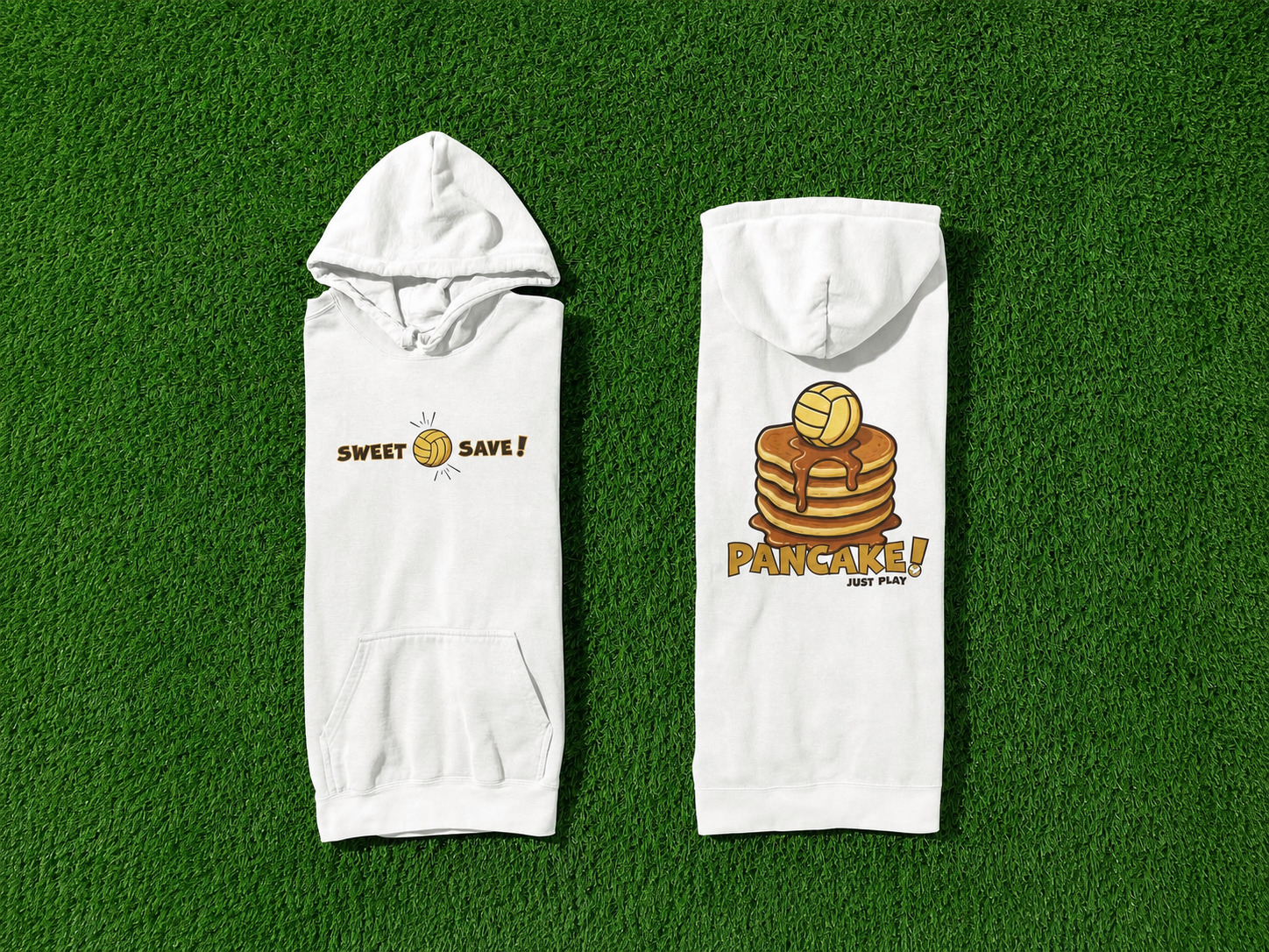 Custom white volleyball hoodies displayed on grass with Sweet Save and Pancake volleyball designs.