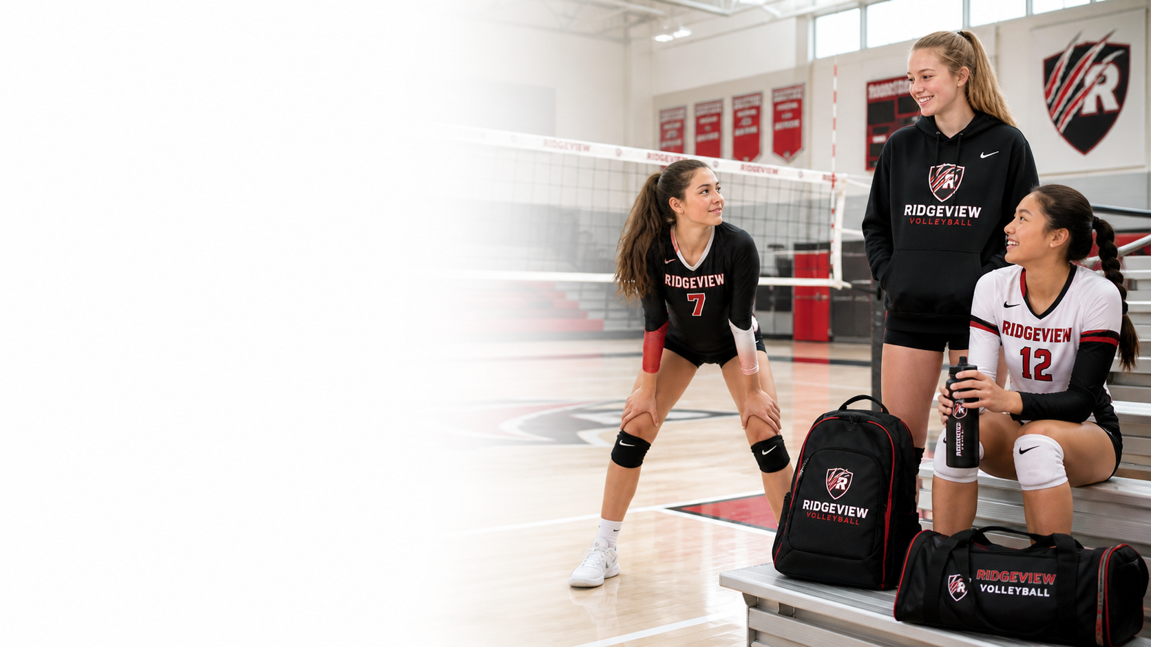Volleyball players wearing custom Ridgeview uniforms and hoodie with branded backpack, duffel bag, and water bottle in a school gym.