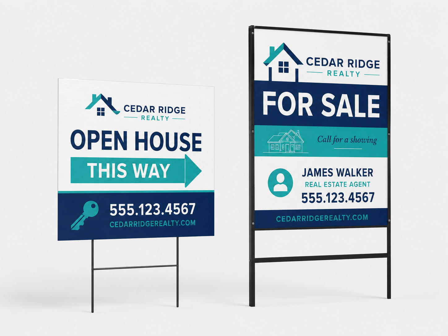 Custom plastic open house sign and metal for sale sign for Cedar Ridge Realty displayed on a light gray background as examples of yard signs in Boise.
