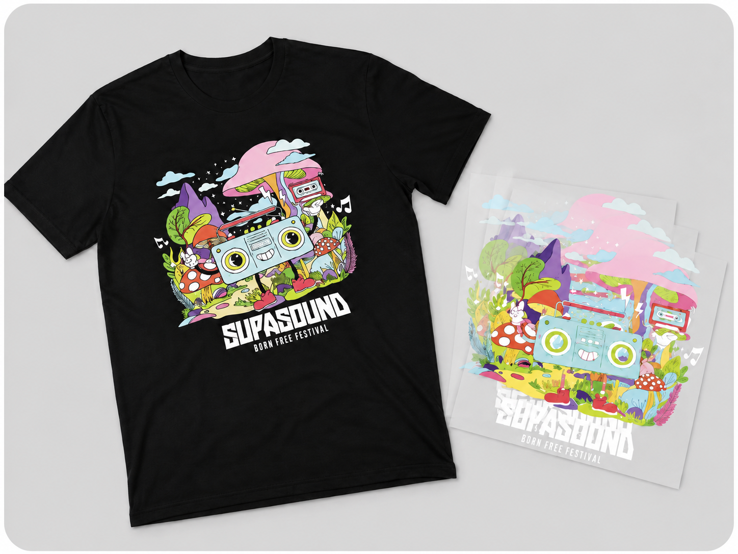 Black t-shirt with colorful DTF transfer print beside printed transfer film for custom apparel printing in Boise.