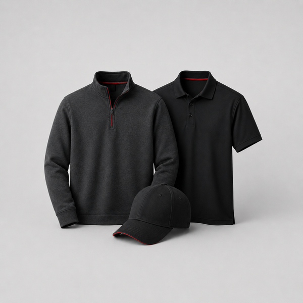 Black polo, quarter-zip pullover, and cap representing custom employee apparel in Boise