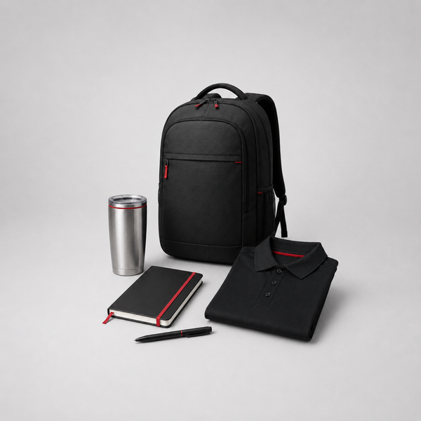 Backpack, tumbler, polo, notebook, and pen arranged as an employee welcome kit
