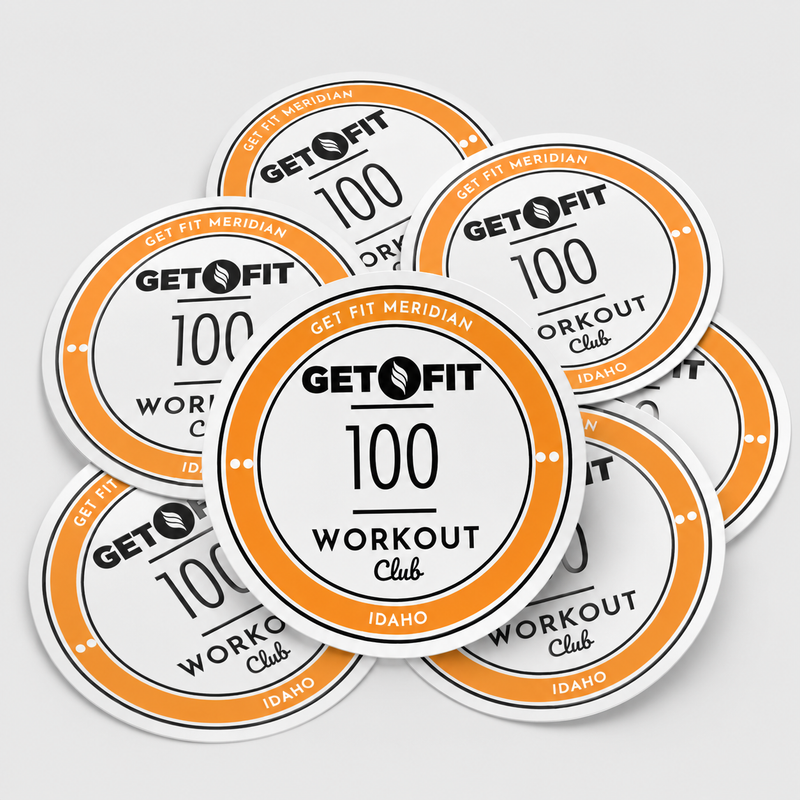 Stack of custom Get Fit 100 Workout Club stickers with orange, black, and white circular design.