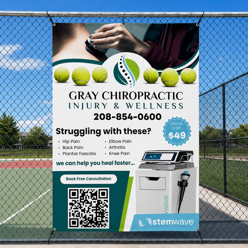 Gray Chiropractic Injury & Wellness outdoor banner on a tennis court fence advertising pain relief services, StemWave treatment, and a consultation QR code.