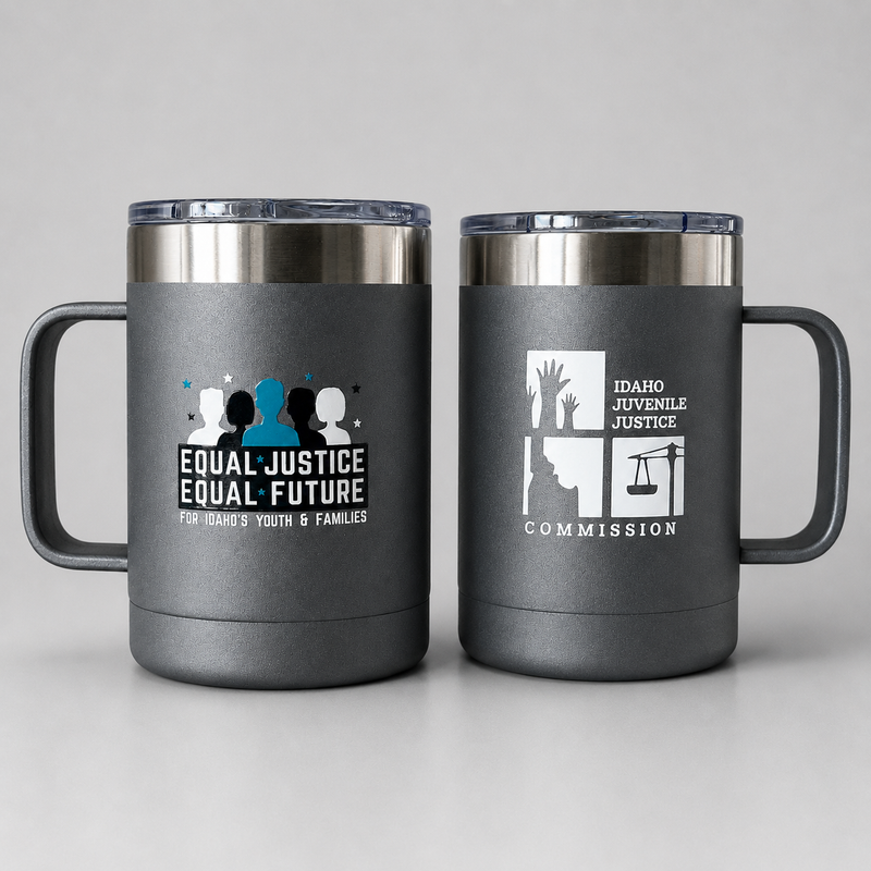 Two gray custom handled mugs with Idaho Juvenile Justice Commission and Equal Justice Equal Future logos.