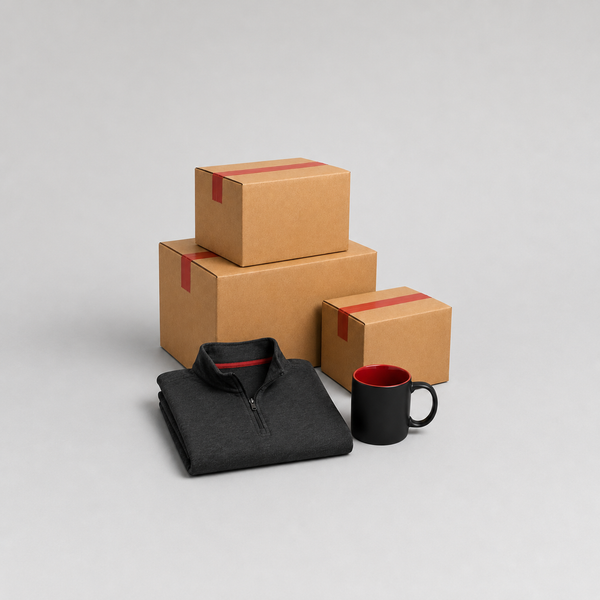 Branded Shipping boxes, folded apparel, and coffee mug prepared for delivery to a Boise business