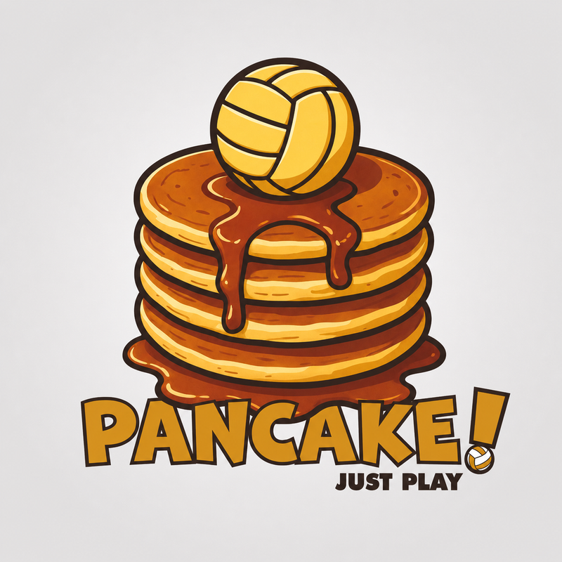 Pancake volleyball logo with a stack of syrup-covered pancakes, a volleyball, and bold “Pancake! Just Play” text.