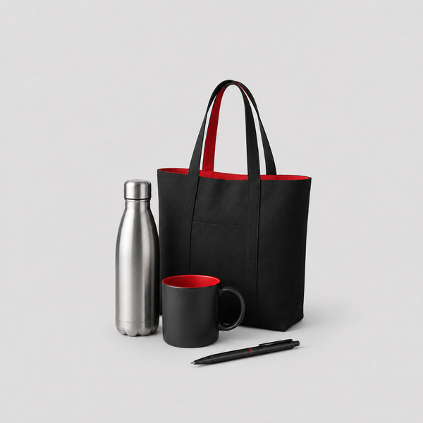 Tote bag, water bottle, coffee mug, and pen representing promotional products for Boise businesses