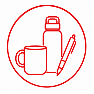 Promotional products icon with mug bottle and pen