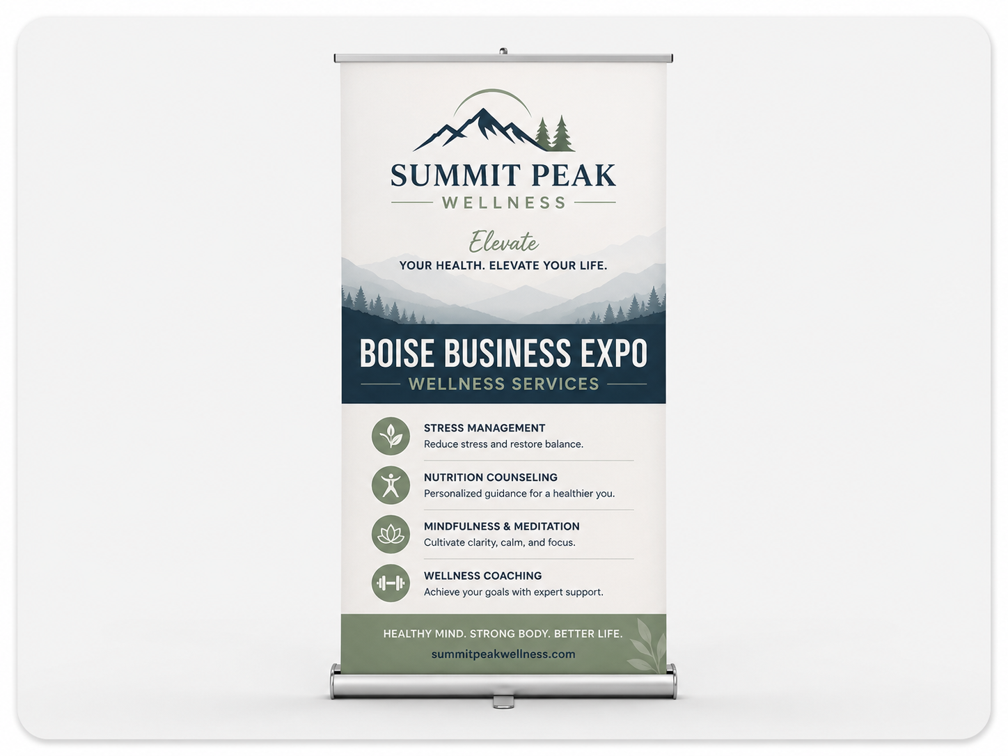 Custom retractable banner stand for Summit Peak Wellness displayed on a light gray background as an example of portable business signage in Boise.