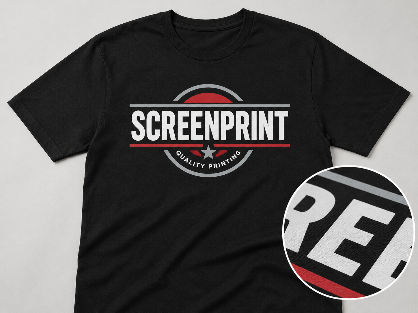 Black t-shirt with screen print design and close-up detail for custom screen printing in Boise.