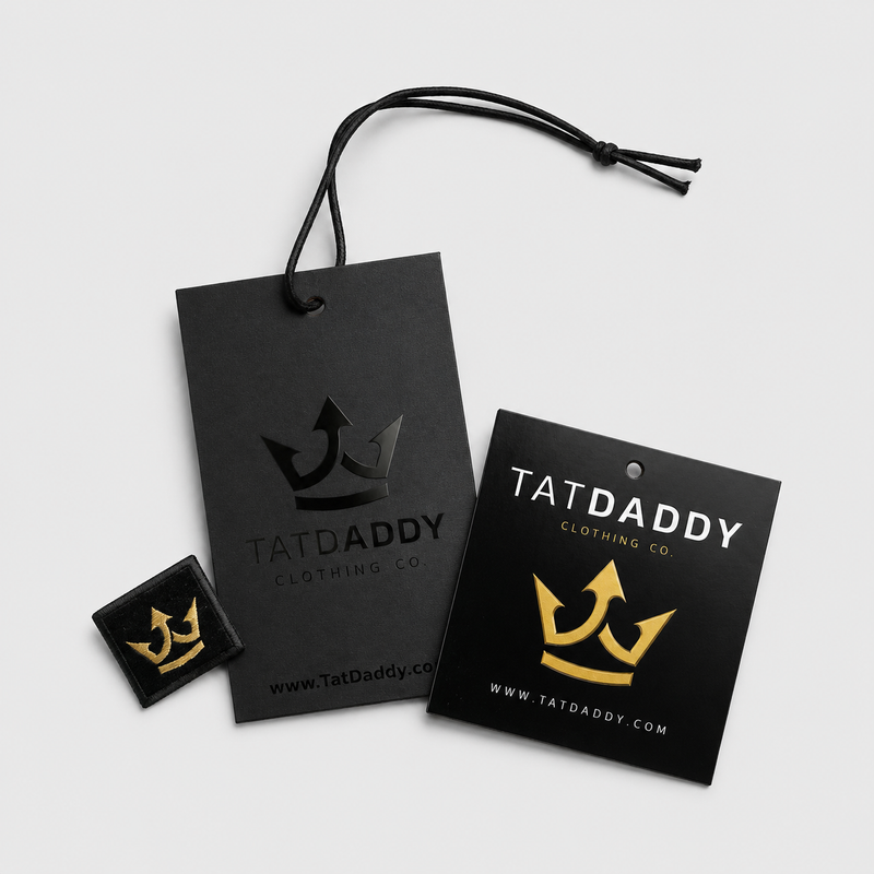TatDaddy custom hang tags and woven brand patch