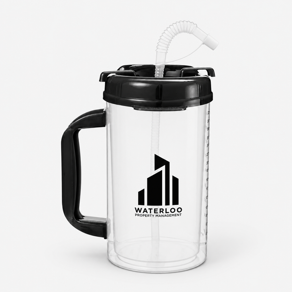 Clear custom water pitcher with black handle, black lid, white straw, and Waterloo Property Management logo.